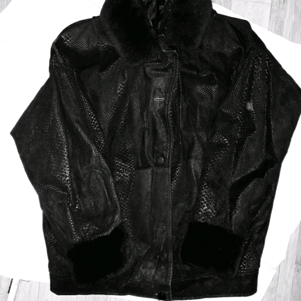 Leather bomber style jacket with lambswool trim